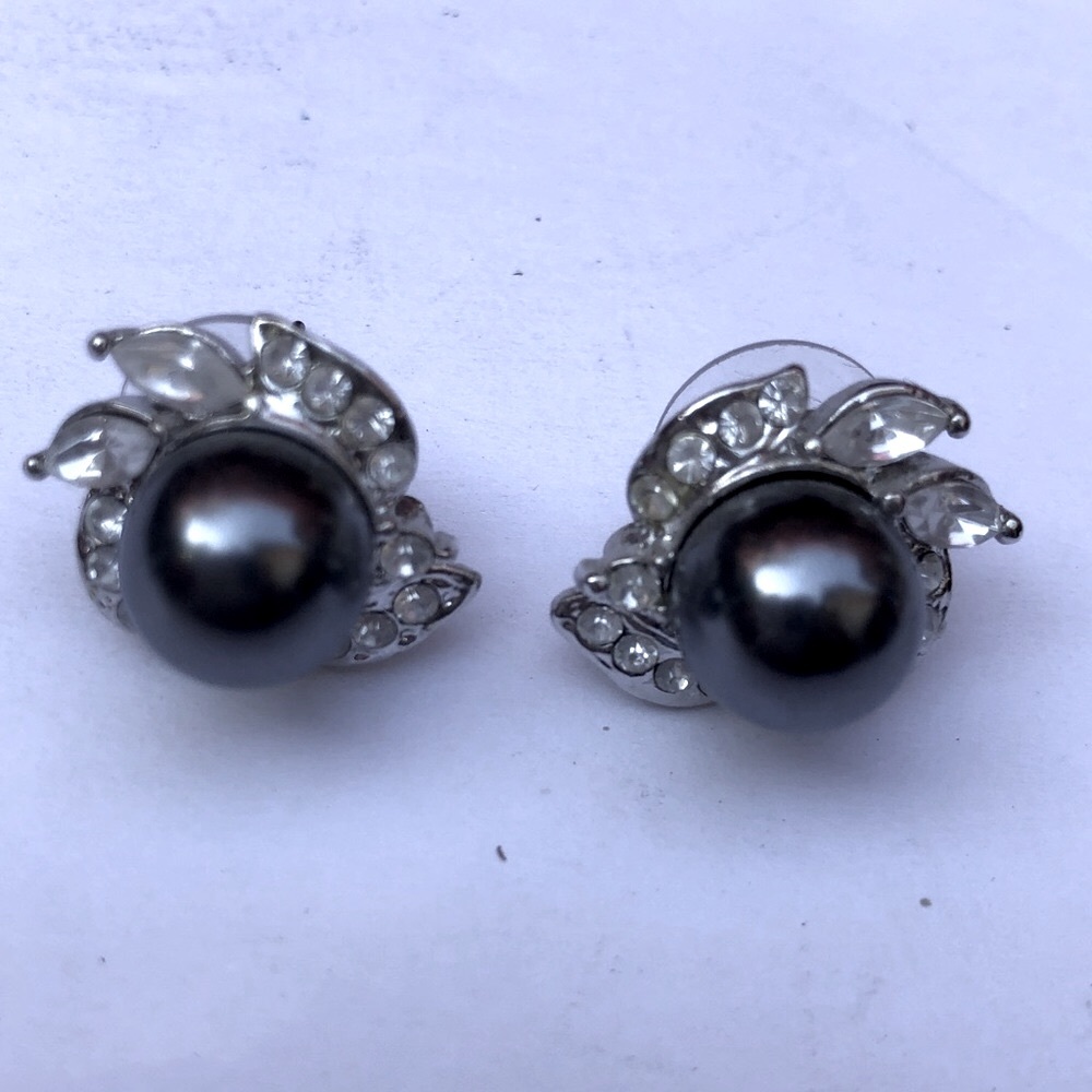 Pearl Faux Gray Rhinestones Silver Tone Post Earrings